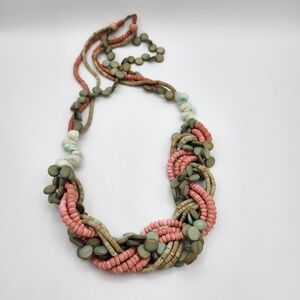 Bohemian Braided Multi-Strand Wood Statement Necklace W Shells | Coral & Teal